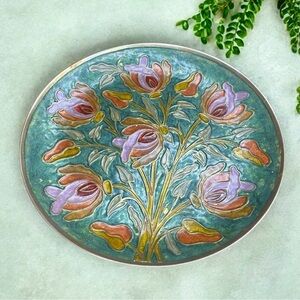VTG Solid brass enamel art plate, wall hanging metal dish with pink red flower